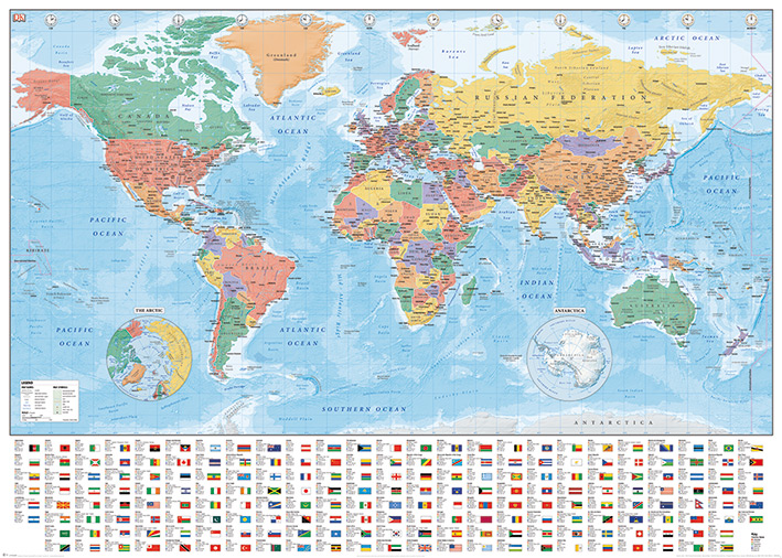 affiche g u00e9ante carte du monde avec les drapeaux et les noms  texte en anglais