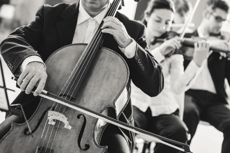 Photographie noir & blanc d'un violoncelliste 