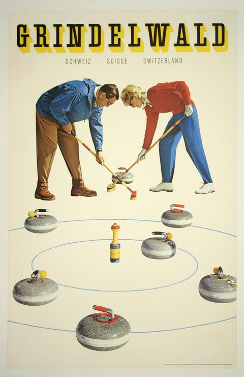 Affiche ancienne publicité Grindelwald, Schweiz Suisse Switzerland, Curling