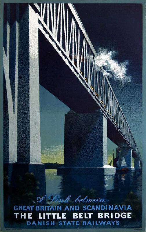 Affiche ancienne publicité A Link Between Great Britain and Scandinavia, The Little Belt Bridge, Danish State Railways