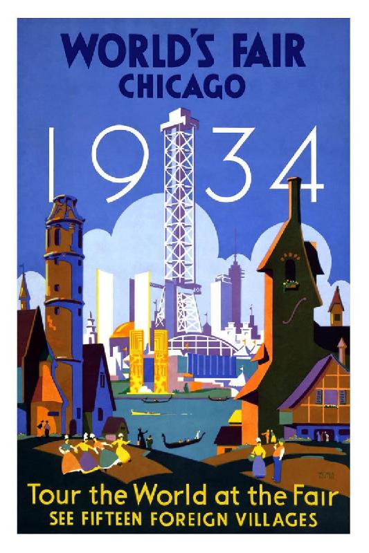 Affiche ancienne publicité World's Fair Chicago 1934, Tour the World at the Fair 