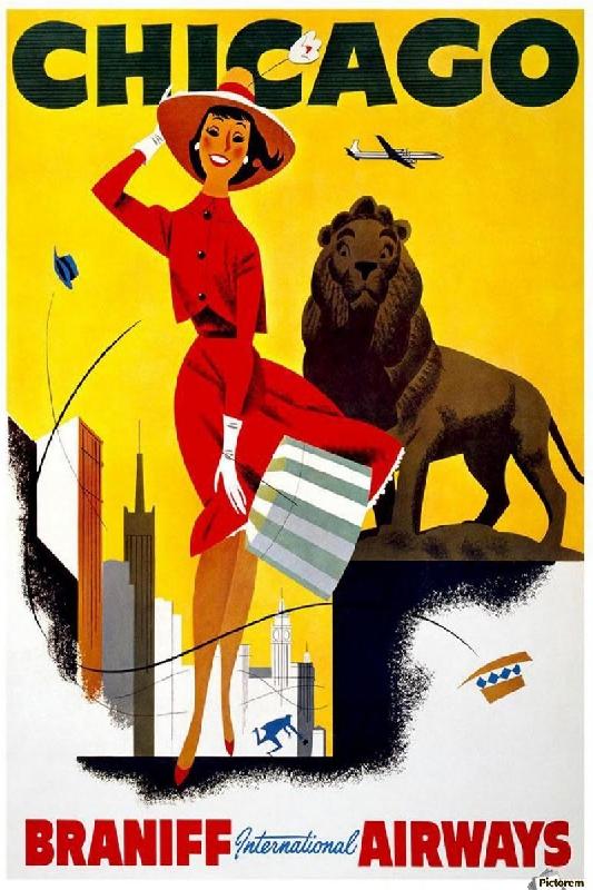 Affiche ancienne publicité Chicago, Braniff International Airways