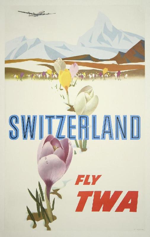 Affiche publicitaire vintage Switzerland, Fly TWA