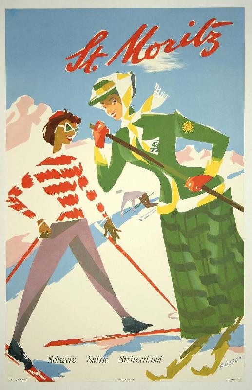 Affiche publicitaire vintage St. Moritz, Schweiz Suisse Switzerland ski
