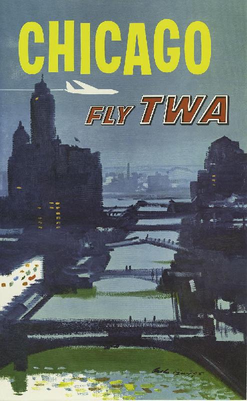 Affiche publicitaire vintage Chicago Fly TWA