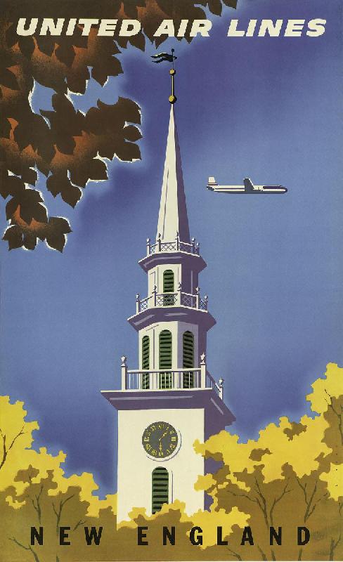 Affiche publicitaire vintage New England United Air Lines