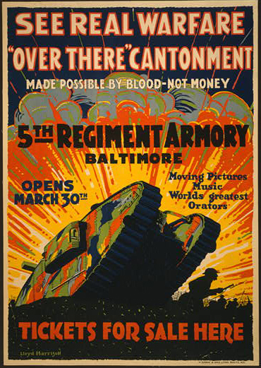 Affiche publicité vintage guerre See Real Warfare, Over There Cantonment, 5th Regiment Armory Baltimore