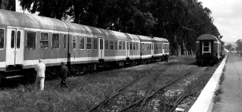 Photo noir et blanc d'un train en Albanie