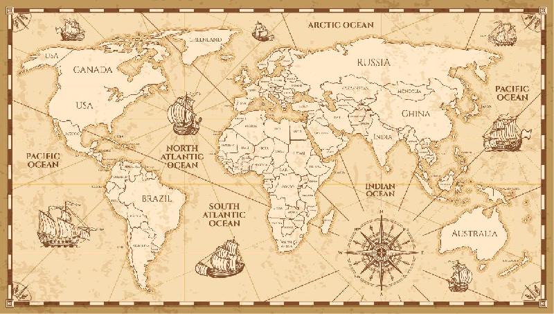 Carte du monde effet antique vintage avec noms de pays en Anglais