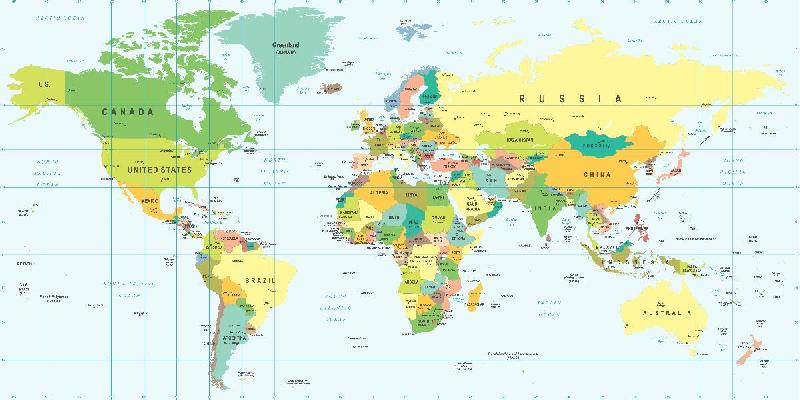 Carte du monde détaillée avec nom des pays en anglais