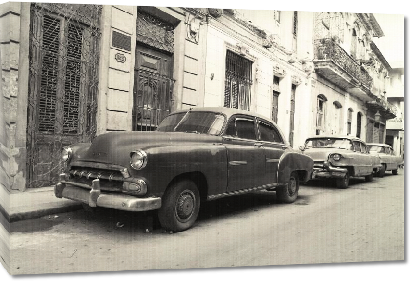 Toiles imprimées Photo noir et blanc voiture ancienne dans la rue