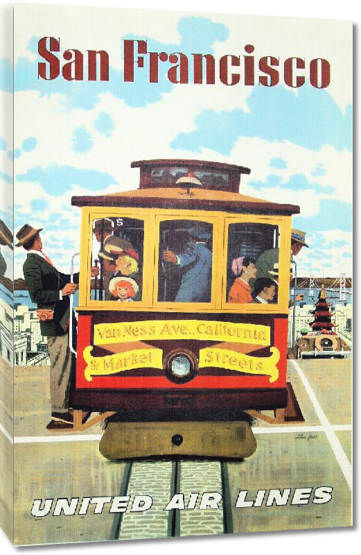 Toiles imprimées Affiche publicitaire vintage San Francisco, Cable Car, United Airlines