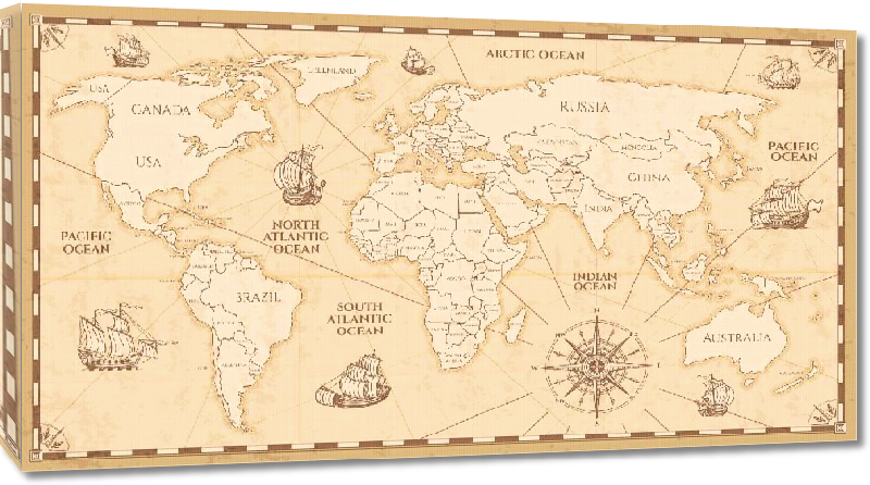 Toiles imprimées Carte du monde effet antique vintage avec noms de pays en Anglais