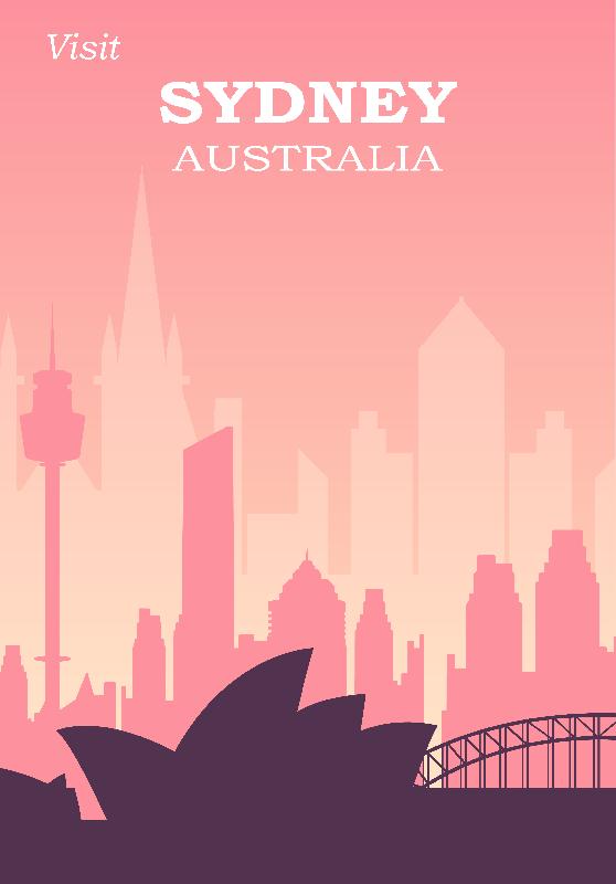 Affiche illustration vintage rétro Sydney Australie rose