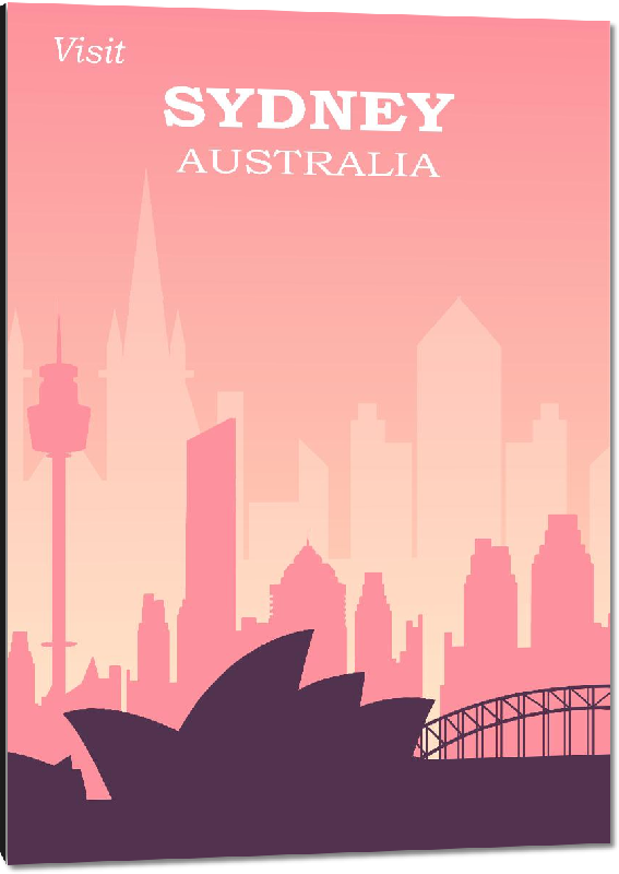 Impression sur aluminium Affiche illustration vintage rétro Sydney Australie rose