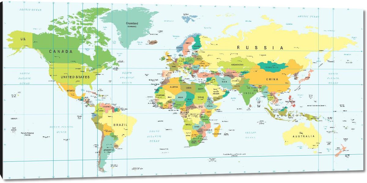 Carte du monde avec les différents pays (anglais) d'Adrian