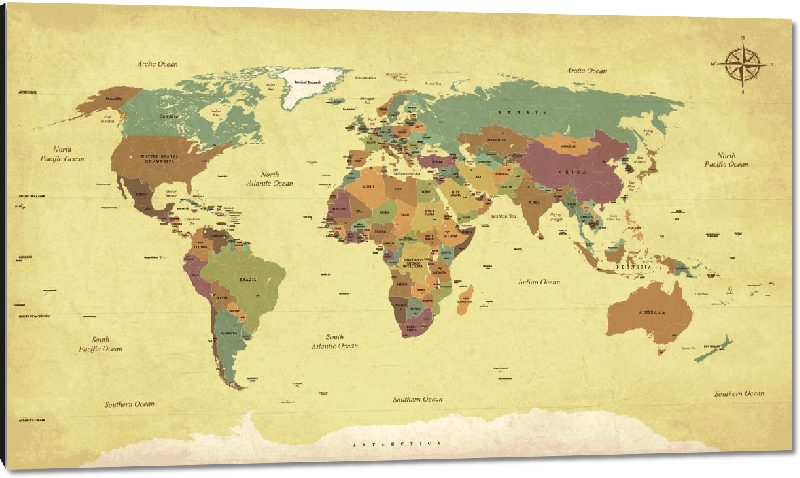 Impression sur aluminium Carte du monde effet ancien avec noms de pays en Anglais