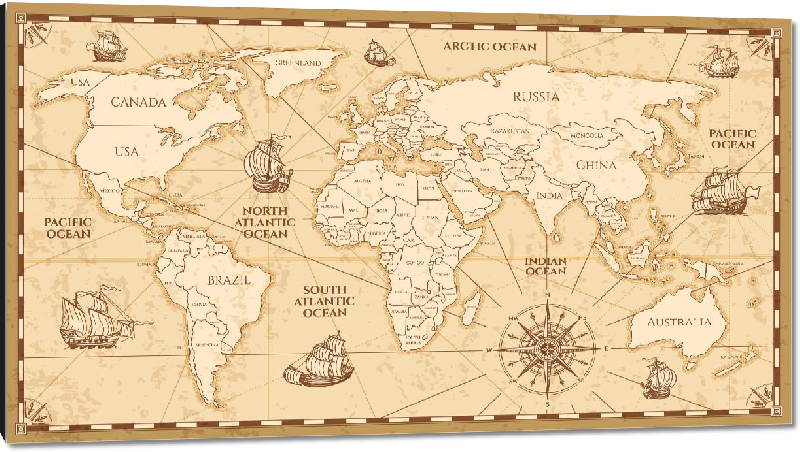 Impression sur aluminium Carte du monde effet antique vintage avec noms de pays en Anglais