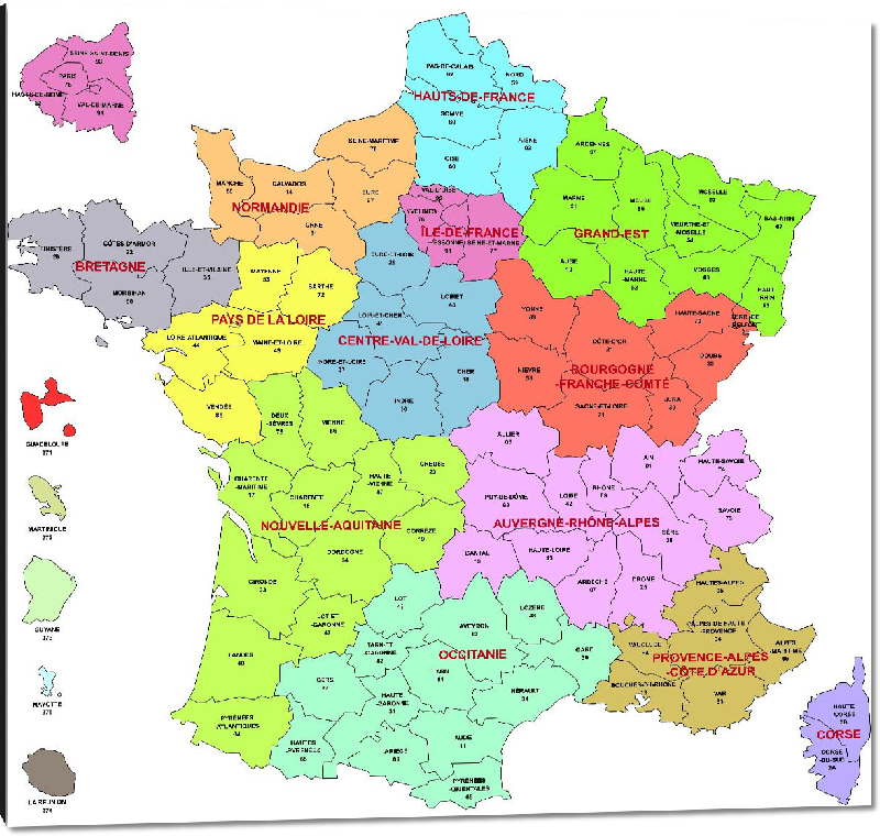 Impression sur aluminium Carte des départements de France