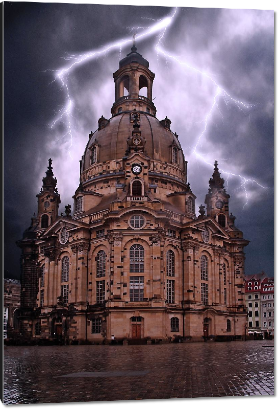 Impression sur aluminium Photo de la cathédrale de Dresden sous l'orage en Allemagne