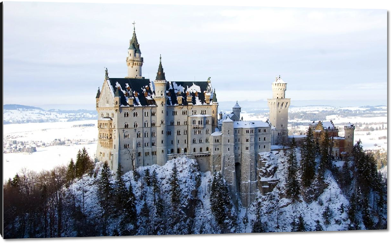Impression sur aluminium Photo du chateau sous la neige Neuschwanstein en Bavière en Allemagne