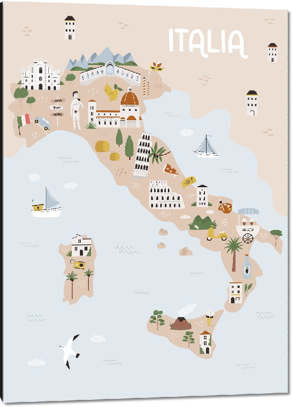 Impression sur aluminium Carte illustrée de l'Italie 