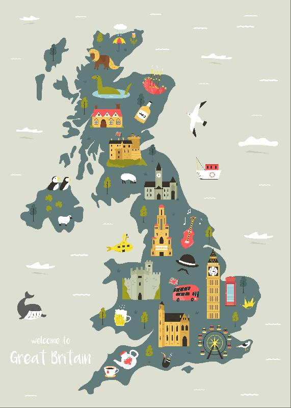 Carte illustrée du Royaume-Uni ou Grande Bretagne 