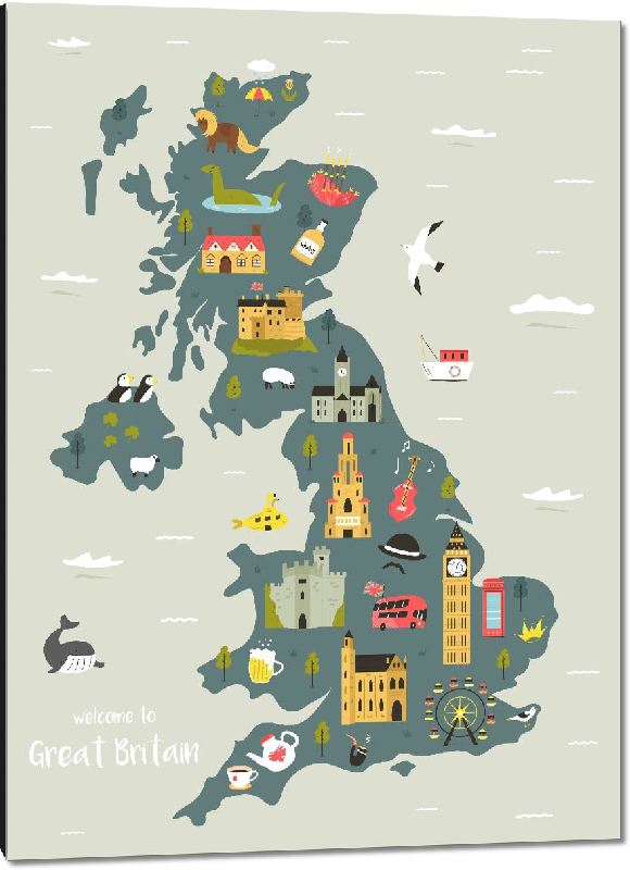 Impression sur aluminium Carte illustrée du Royaume-Uni ou Grande Bretagne 