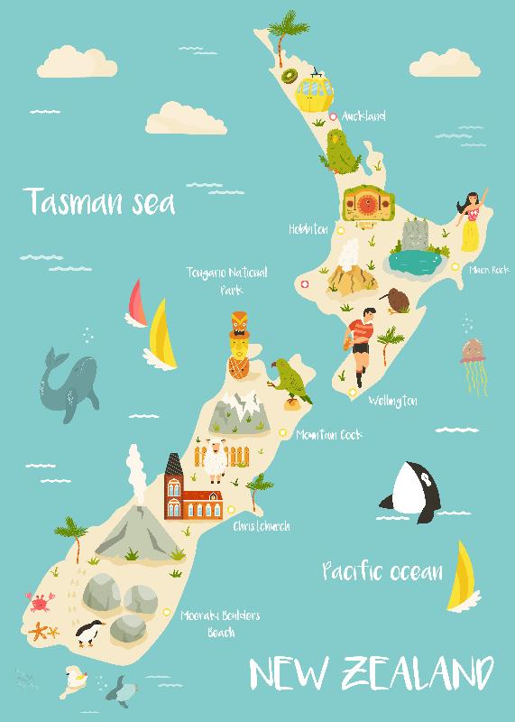 Carte illustrée de la Nouvelle-Zélande 