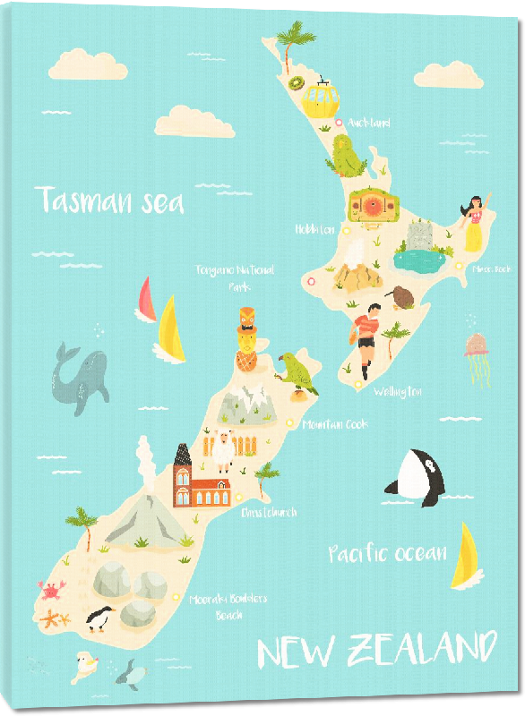 Toiles imprimées Carte illustrée de la Nouvelle-Zélande 