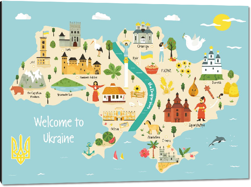Impression sur aluminium Carte illustrée de l'Ukraine 
