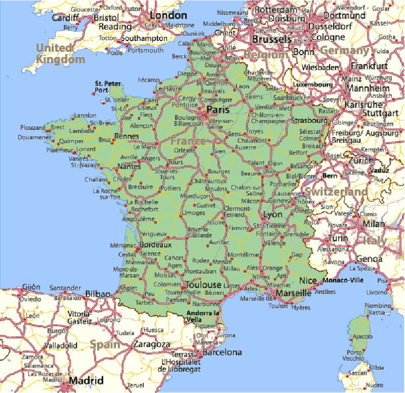 Carte de France avec les axes routiers principaux