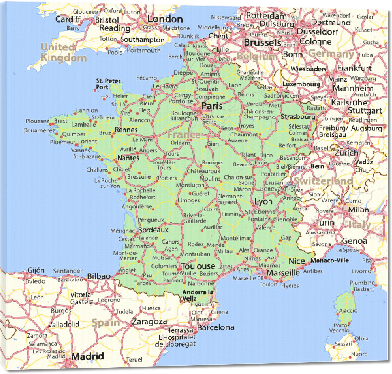 Toiles imprimées Carte de France avec les axes routiers principaux