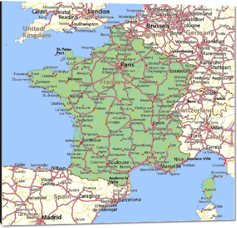 Impression sur aluminium Carte de France avec les axes routiers principaux