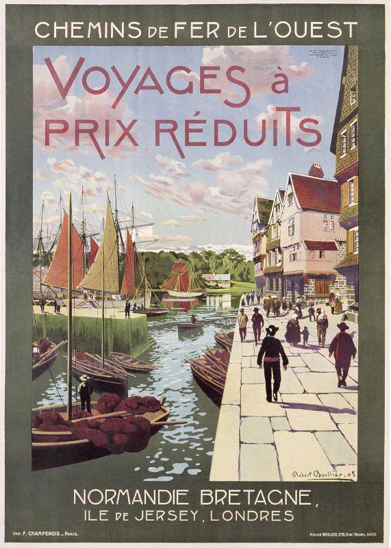  Affiche annonçant les lignes ferroviaires françaises vers la Normandie, la Bretagne, Jersey et Londres, 1905