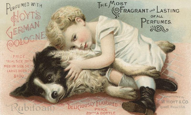 affiche publicitaire ancienne Child Hugging a Collie Dog