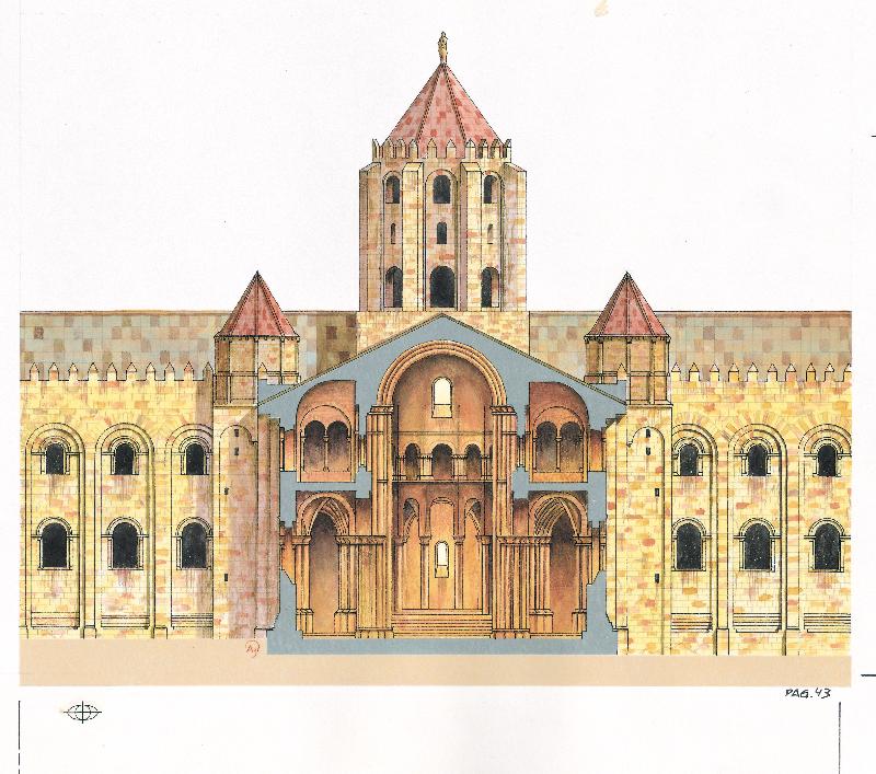  Cathédrale romane de Saint-Jacques-de-Compostelle. Coupe transversale. Espagne