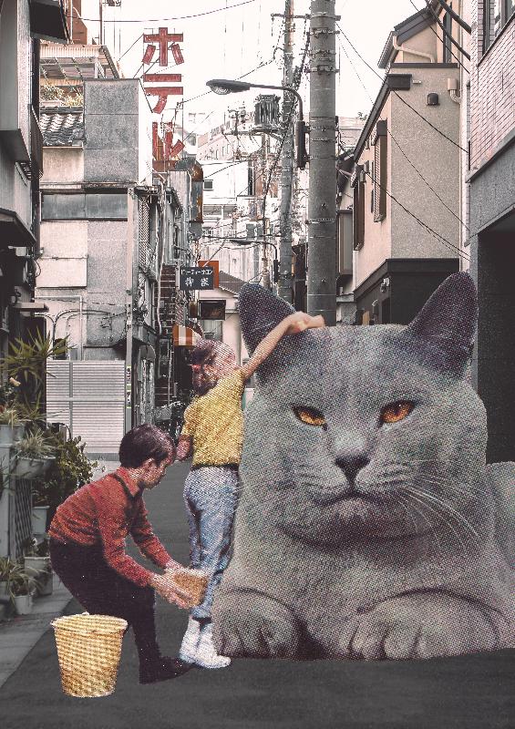 enfant lave le chat Géant à Tokyo