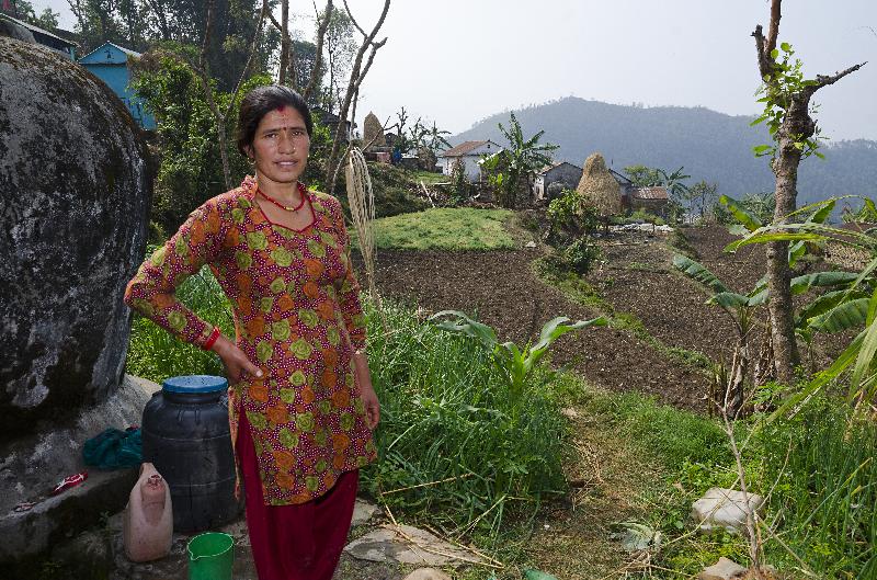 Photo Absence d'agricultrice dans son village en face de ses lits de plantation en terrasses, Majhthana, près de Pokhara, Népal