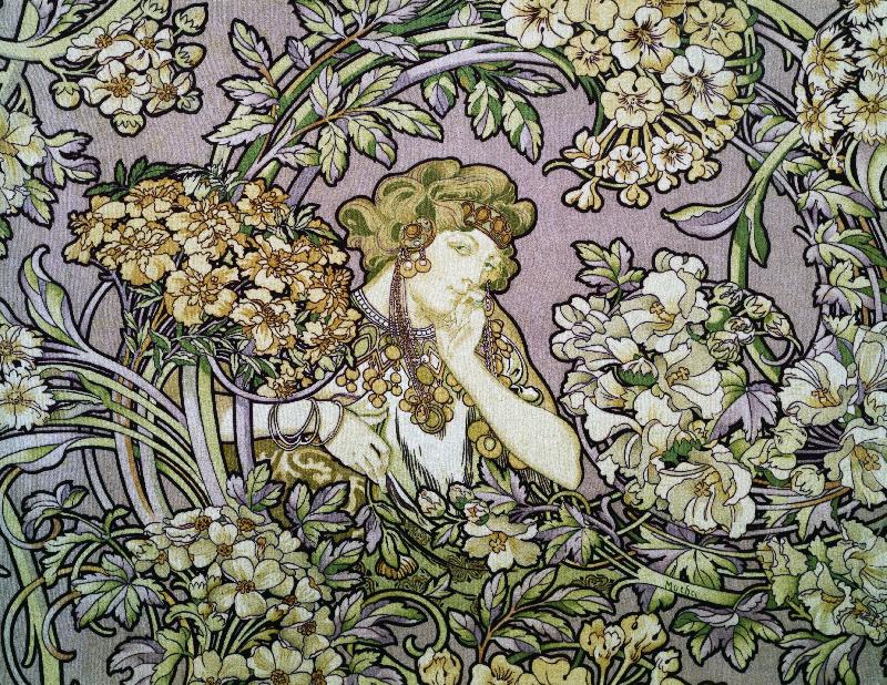 Femme parmi les fleurs, vers 1900 (lithographie sur velours de soie)