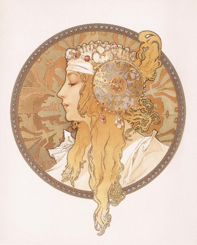 Tete byzantine d'une femme blonde, vers 1897 (lithographie en couleurs)