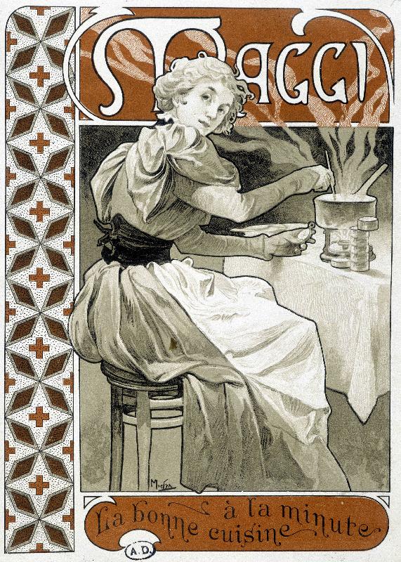 Publicité Maggi la bonne cuisine à la minute, par Mucha, vers 1890.