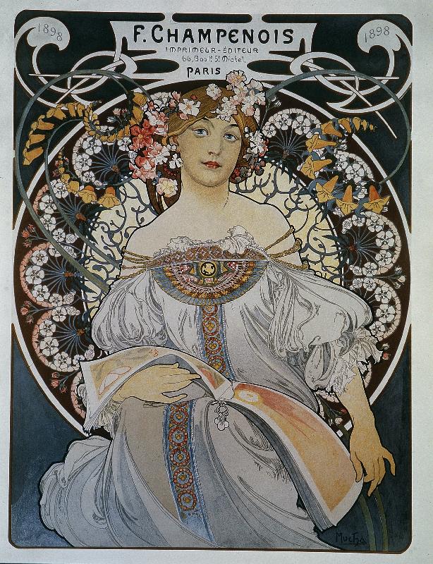 Publicite pour l'imprimeur-editeur F. Champenois - par Mucha, 1898.