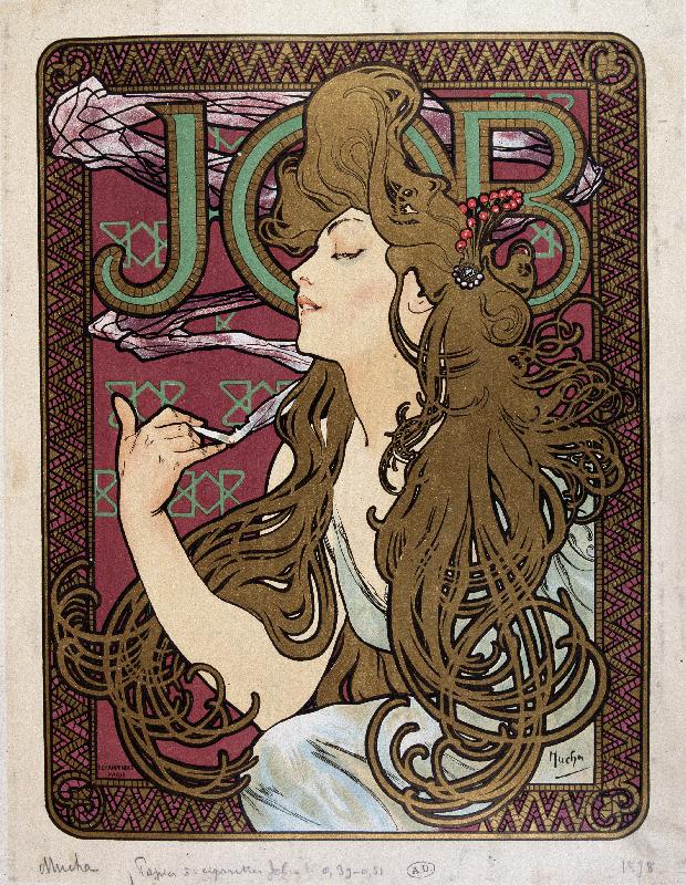 Affiche publicitaire de Papier à cigarettes Job par Mucha, 1898.