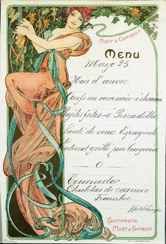 Menu imprime par les Champagne Moet et Chandon pour un repas de specialites francaise