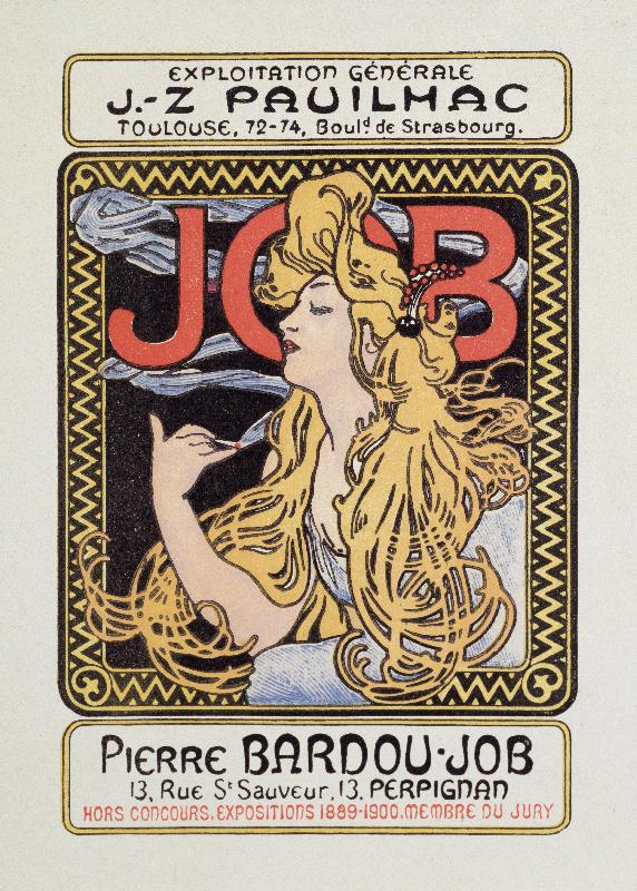 Affiche publicitaire pour le papier a cigarettes Job realisee par Alphonse Mucha