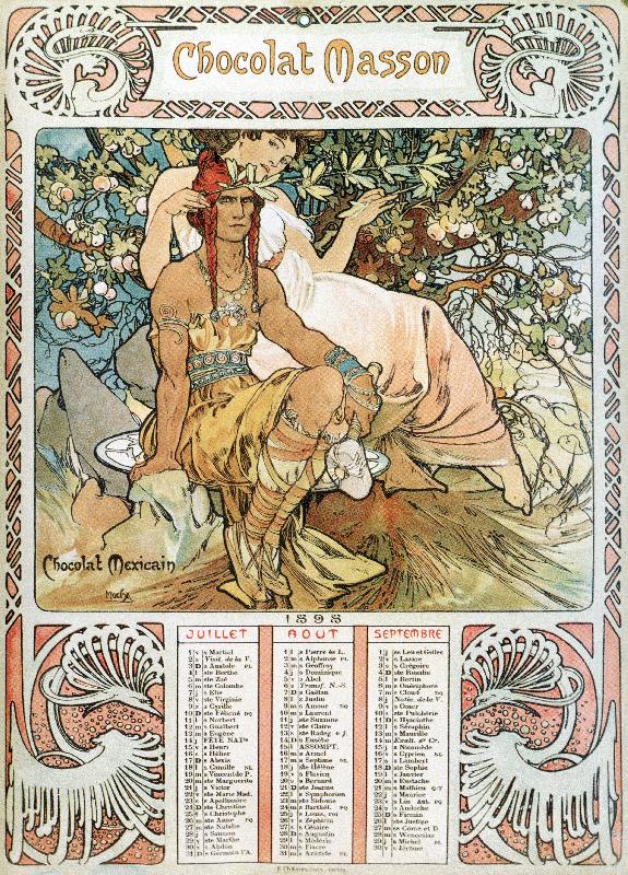 L'age adulte Page de calendrier de l'annee 1898 decoree d'une illustration publicitaire d'Alphonse Mucha