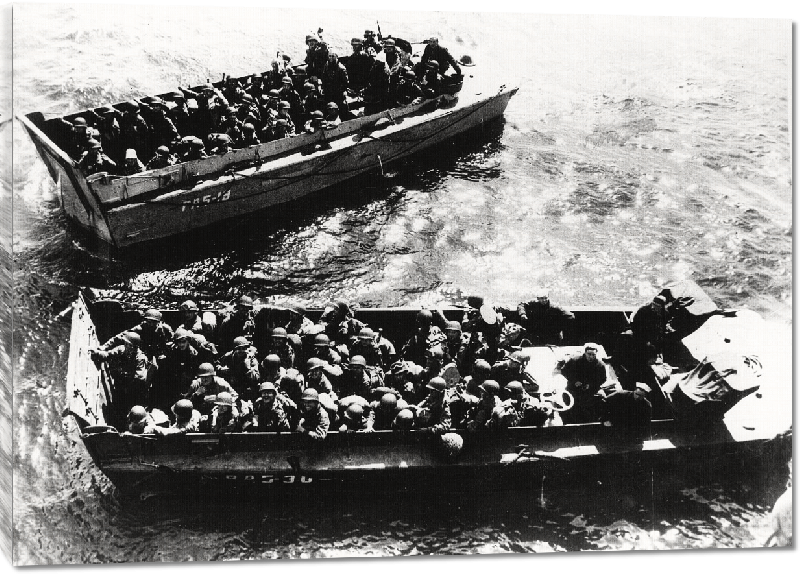 Toiles imprimées Jour J : des canoës transportent des soldats américains à Utah Beach, 1944