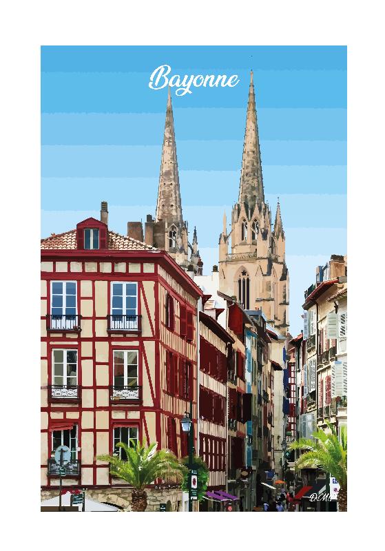 Affiche illustration vintage ville de Bayonne