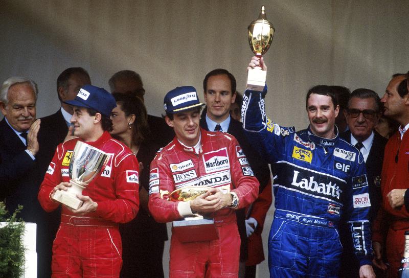 Photo Jean Alesi, Ayrton Senna et Nigel Mansell sur le podium, 1991